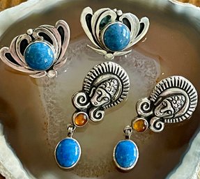 (2) Pairs Of Vintage Sterling Silver Blue Lapis & Amber Post Earrings - Total Weight 21.1 Grams