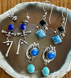 (3) Pairs Of Vintage Sterling Silver - Blue Lapis - Black Onyx - Larimar & Turquoise Earrings - 25 Grams