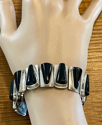 Heavy Sterling Silver & Black Onyx Handmade 7.5' Panel Bracelet - 78.3 Grams
