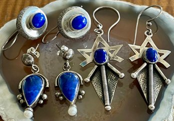 (3) Pairs Of Sterling Silver - Blue Lapis And Pearl Handmade Earrings - Total Weight 23.8 Grams