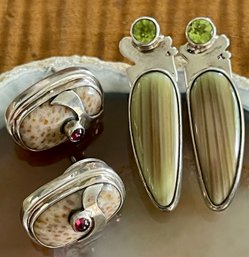 (2) Pairs Of Sterling Silver Jasper - Faceted Peridot & Garnet Handmade Earrings - Total Weight 27.3 Grams