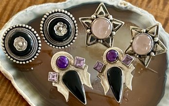 (3) Pairs Of Sterling Silver - Charoite - Amethyst - Black Onyx & Rose Quartz Earrings - 27.4 Grams