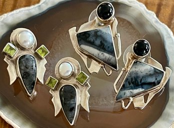 (2) Pairs Of Sterling Silver - Norwegian Moonstone - Jasper - Onyx Peridot & Pearl  - Total Weight 28.3