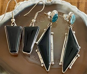 (2) Pairs Of Sterling Silver - Black Onyx - Obsidian & Topaz Handmade Earrings - Total Weight 20 Grams