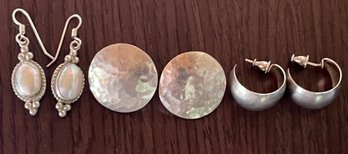 (3) Pairs Of Sterling Silver Earrings - Mexico Hammered Rounds - Hoops & Mother Of Pearl Wire - 18.72 Grams