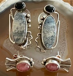 (2) Pairs Of Sterling Silver  Jasper - Onyx & Rhodochrosite Handmade Earrings - Total Weight 17.5 Grams