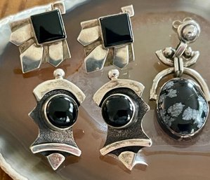 (3) Pairs Of Sterling Silver - Black Onyx & Snowflake Obsidian Handmade Earrings - Total Weight 23 Grams