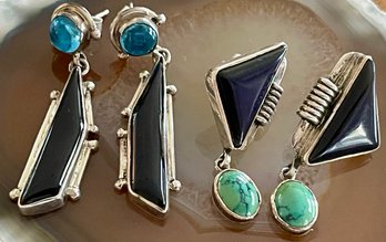 (2) Pairs Of Sterling Silver - Black Obsidian - Blue Topaz & Turquoise Earrings - Total Weight 19 Grams