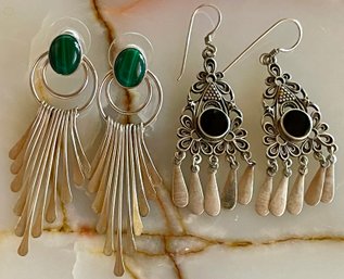 (2) Pairs Of Boho Sterling Silver Earrings - (1) Malachite Stones & (1) Black Onyx Stones - 15.6 Grams