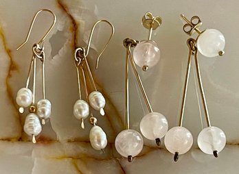 (2) Pairs Of Earrings - 12K Gold Filled Rose Quartz Bead & Gold Tone Fresh Water Pearl Drops