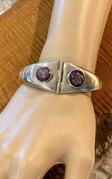 Gorgeous Sterling Silver & Ruby Star Sapphire Double Cabochon 7.5' Bangle Bracelet - Total Weight - 72.5 Grams