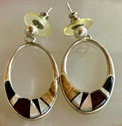 Pair Of Calvin Begay Navajo Stone Inlay Hoop Earrings Signed - Total Weight 7.15 Grams