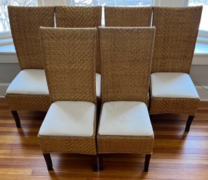 Set Of 6 Vintage Rattan Dining Chairs With White Padded Cushions (as Is)