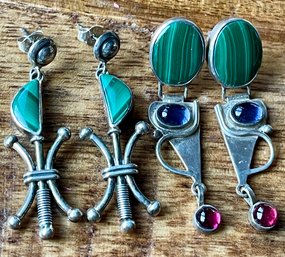 (2) Pairs Of Sterling Silver - Malachite - Iolite & Garnet Handmade Earrings - Total Weight 17.6 Grams