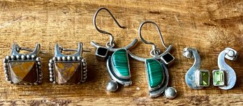 (3) Pairs Of Sterling Silver - Jasper - Peridot - Malachite & Black Onyx Handmade Earrings - Weight 23.1 Grams