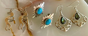 (3) Pairs Of Sterling Silver Earrings- Turquoise - Kokopelli & Abalone Stone - Total Weight 13.07 Grams