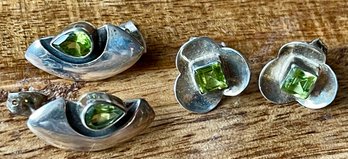 (2) Pairs Of Sterling Silver & Faceted Peridot Earrings - Total Weight 7.9 Grams