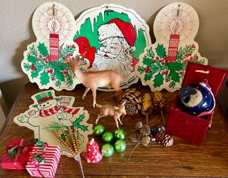 Vintage Holiday Lot - Mercury Glass Ornaments And Sprays, (2) Celluloid Deer, Prismatix Window Hangings, Etc.