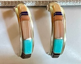 Lonjose Zuni Sterling Silver & Stone Inlay Half Hoop Earrings - Pink MOP - Turquoise - Black Onyx 2.9 Grams