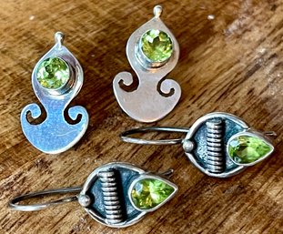 (2) Pairs Of Sterling Silver & Peridot Handmade Earring - Total Weight 9.3 Grams