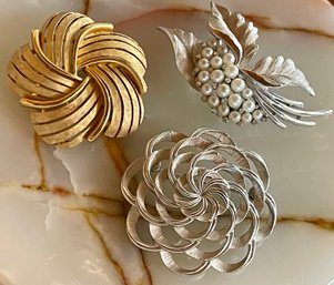 (3) Vintage Trifari Pins - Silver Tone & Faux Pearl - Gold Tone & Silver Tone Flower