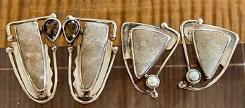 (2) Pairs Of Sterling Silver - Jasper & Ocean Jasper - Pearl & Smoky Topaz Handmade Earrings - 24.6 Grams