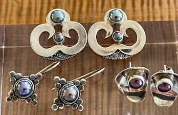 (3) Pairs Of Sterling Silver & Grey Pearl Handmade Earrings - Total Weight 20.5 Grams