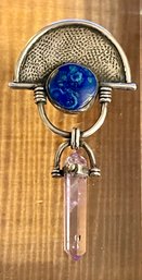 Amethyst Crystal - Sterling Silver And Blue Azurite Pin - Total Weight 10 Grams