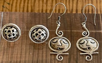 (2) Pairs Of Sterling Silver Moon & Stars Handmade Earrings -total Weight 16.5 Grams