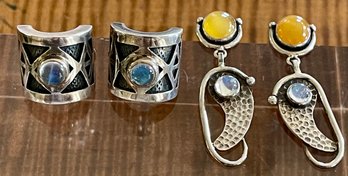 (2) Pairs Of Sterling Silver Spectrolite & Baltic Amber Handmade Earrings - Total Weight 23.6 Grams