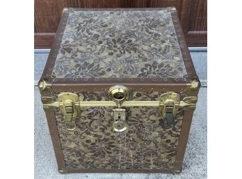 Antique Leather And Metal Trunk With Chain Handles And Brass Accents, Lock, And Key