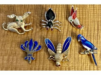 Vintage Rhinestone Animal & Bug Pins - Red Stone Spider - Birds - Enamel & Brass Pin & Dog (as Is)