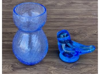 Vintage Crackle Glass Vase With Signed Sunny Day Art Glass Blue Bird