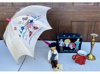 Vintage Mickey Mouse Silk Umbrella, Barbie Carry Case, Johnny Appleseed Doll, Frankoma Gop Mug, And More
