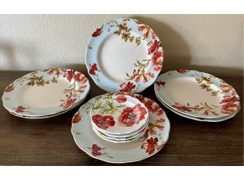 (6) 222 Fifth Spring Botanical Plates And (4) Anemone Red Side Plates
