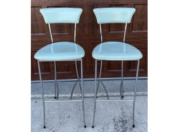 2 Chic Arper Turquoise Blue Italian Saddle Leather Mid Bar Stools With Stiletto Chrome Legs