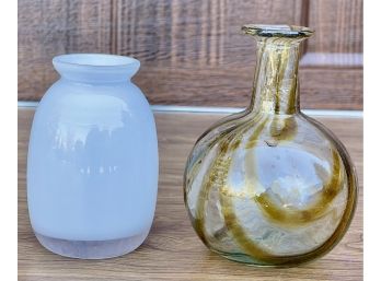 (2) Vintage Art Glass Vases - Cased And Amber Swirl