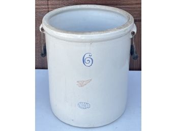 Antique Redwing 6 Gallon Stoneware Crock With 2' Wing And Handles