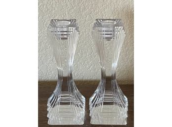 Pair Of Mikasa Heavy Lead Cut Crystal City Lights 7' Candle Stick Holders