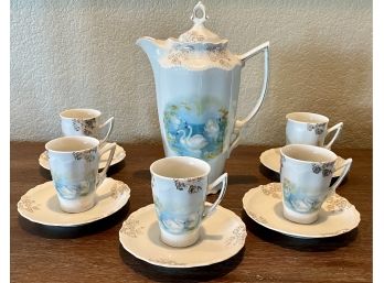 Antique Bavaria Hand Painted Swan Motif Chocolate Pot With 5 Cups And Saucers