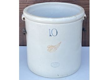 Antique Redwing 10 Gallon Stoneware Crock With 3.5' Wing And Handles