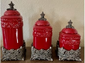 Drake Design Red Pottery And Resin 3 Piece Cannister Set