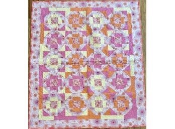 Machine Stitched Original Quilt By Arlene Krulewich, Orange, Pink And Yellow With Spirograph Designs