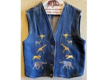 Casey Coleman 100 Percent Cotton Denim Wild Animal Embroidered Vest Size M/L