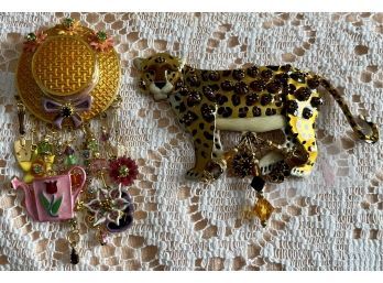 LATR Lunch At The Ritz Tiger With Crystals And Gardening Hat With Crystals And Enamel Dangles