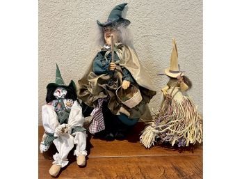 (3) Flying Witches Made Of Material, Resin, And Corn Husk