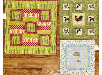 (3) Small Machine Embroidered Wall Hanging Quilts, Giraffes, Ducks And Farm Animals