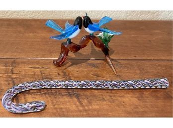 Thomas Murano Art Glass Blue Birds On Branch & Multi-Color Candy Cane