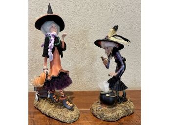 (2) Whimsical Witch Figurines With Pumpkins