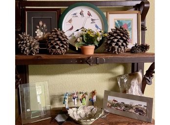 Eclectic Decor Lot Including White 1993 Pottery Bowl, Stained Glass, Crystal Pictures Frame, Pinecones, & More